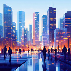 Flat illustration of a bustling cityscape with skyscrapers and busy streets. People are walking in the foreground