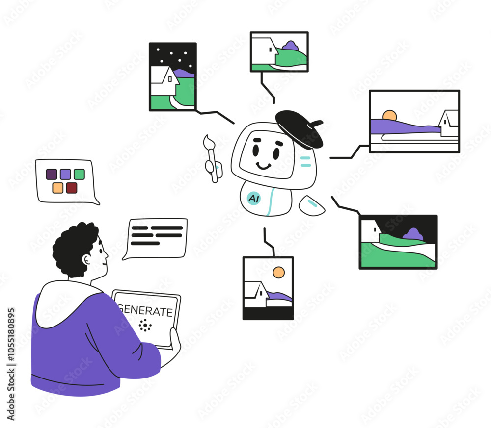 Poster digital artist using artificial intelligence for images generation concept linear vector illustratio