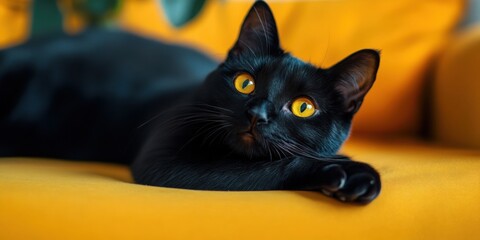 Charming Black Cat Relaxing on a Vibrant Yellow Couch in a Cozy Home Setting