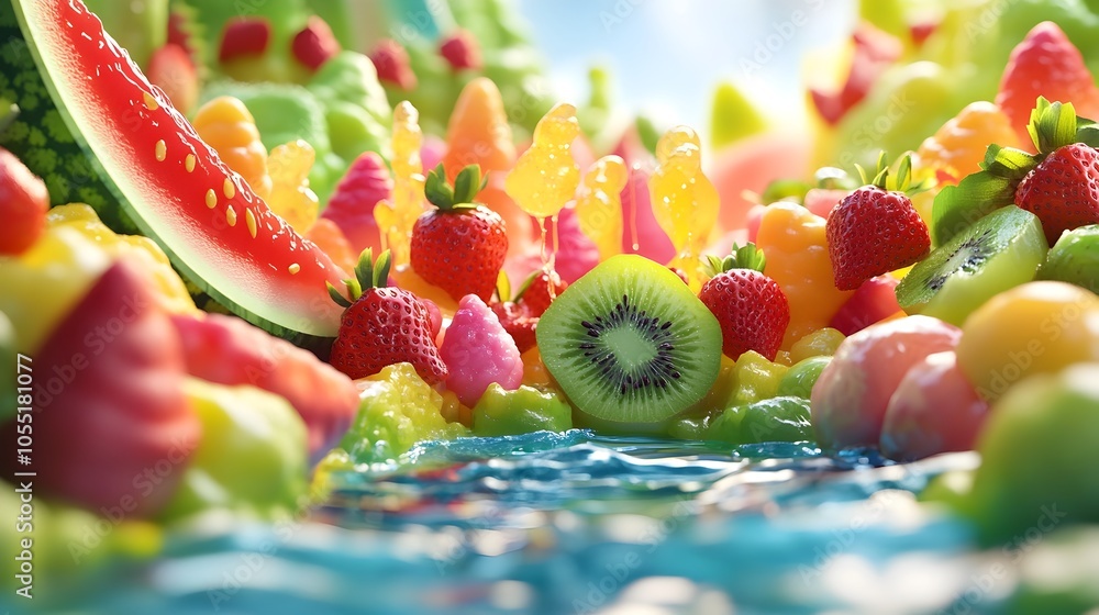 Poster a visually striking 3d visualization showcasing a refreshing fruit salad composed of watermelon stra