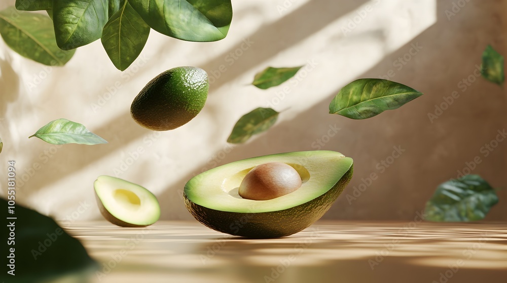 Aufkleber 3d rendered image of an avocado cut in half with a floating pit and leaves arranged elegantly in the
