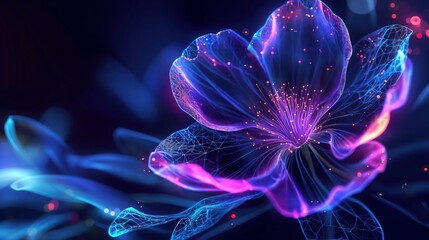 Digital neon flower. Futuristic wireframe glowing blossom on black background. Abstract cyber hologram of plant. Fantasy and technology blend in a stunning visual