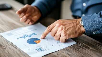 Obraz premium A close-up of a man's hand pointing at a data chart on paper. The atmosphere is focused and analytical. The background is slightly blurred but clearly depicts a workplace.