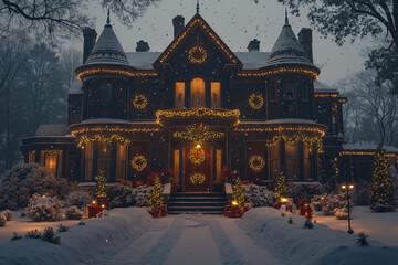 Fototapeta premium A large, dark, Victorian-style house with a steep roof, decorated with Christmas lights and wreaths, set against a snowy night sky