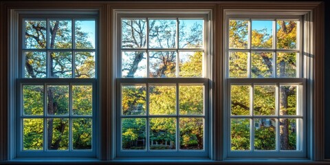 Breathtaking Autumn View Through Elegant Windows Framing Nature's Beauty