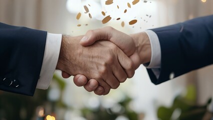 The image features two hands engaged in a handshake, suggesting agreement and collaboration, with a softly blurred background possibly indicating a celebratory atmosphere.