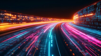 Futuristic High-Speed Neon Tunnel with Glowing Digital Panels and Holographic Effects