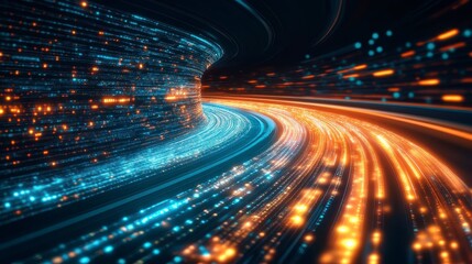 Futuristic High-Speed Neon Tunnel with Glowing Digital Panels and Holographic Effects