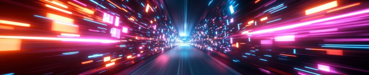 Fototapeta premium Futuristic High-Speed Neon Tunnel with Glowing Digital Panels and Holographic Effects