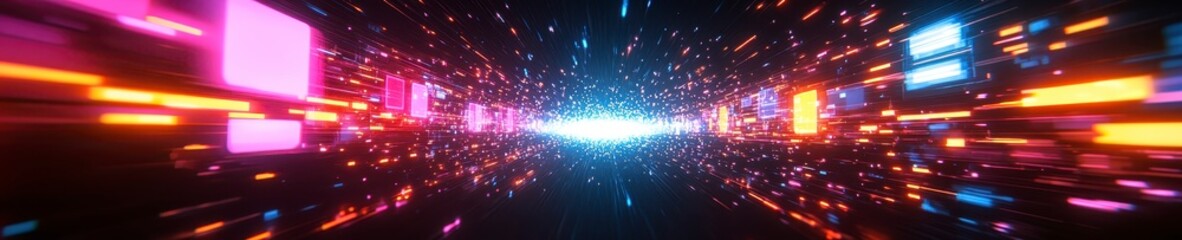 Obraz premium Futuristic High-Speed Neon Tunnel with Glowing Digital Panels and Holographic Effects