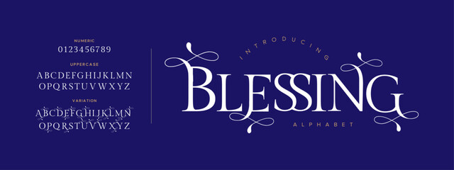 Blessing typography beauty fashion elegant minimalist serif italic fonts decorative wedding vintage retro logos. Minimal luxury font alphabet logo. Vector illustration © designfourmonths