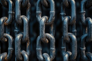 Fototapeta premium A series of interlocking chains forming a tight grid, symbolizing connection, unity, and strength, with symmetrical patterns and a monochromatic color scheme emphasizing the metal texture