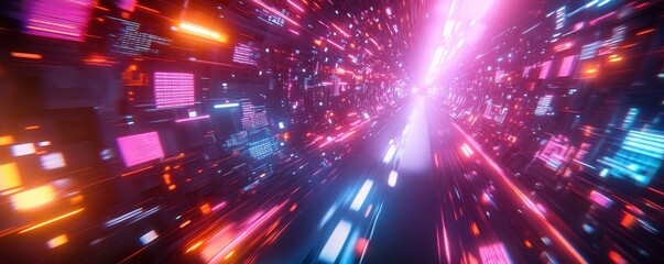 Obraz premium Futuristic High-Speed Neon Tunnel with Glowing Digital Panels and Holographic Effects