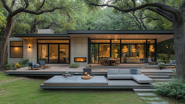 Contemporary elevated house design with geometric shapes and a combination of metal and wood materials floating above a hillside integrated with nature