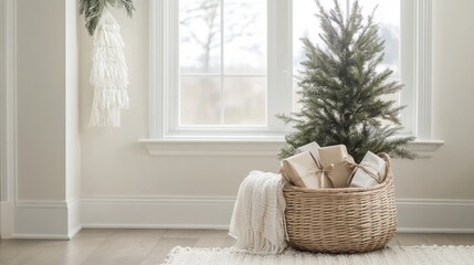 Minimalist Christmas tree with wrapped gifts in a wicker basket by a bright window
