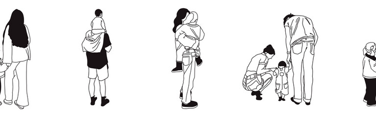 Hand-drawn doodle family border. Outline family clipart. Hand-drawn black art.