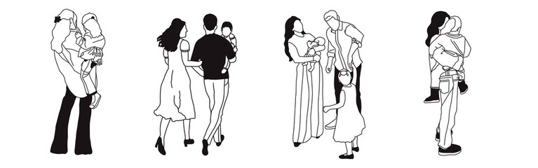Hand-drawn doodle family icon set. Outline family clipart. Hand-drawn black art.