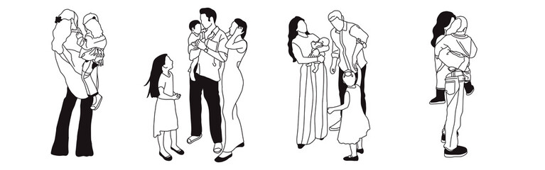 Hand-drawn doodle family icon set. Outline family clipart. Hand-drawn black art.