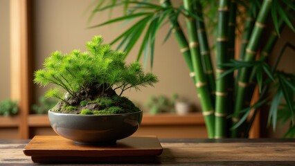 A serene tabletop setting with a lush, green plant in a brown pot amid natural lighting and bamboo accents, evoking tranquility and calm.