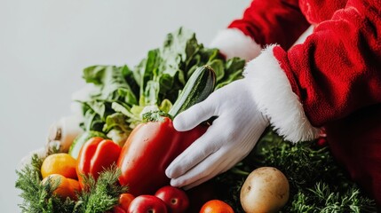 Santa Claus preparing a fresh vegetable basket with seasonal produce in a festive setting during the winter holidays