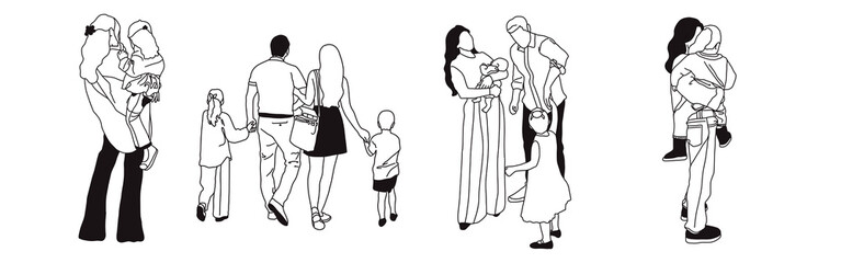 Hand-drawn doodle family icon set. Outline family clipart. Hand-drawn black art.