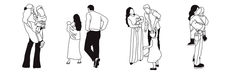 Hand-drawn doodle family icon set. Outline family clipart. Hand-drawn black art.