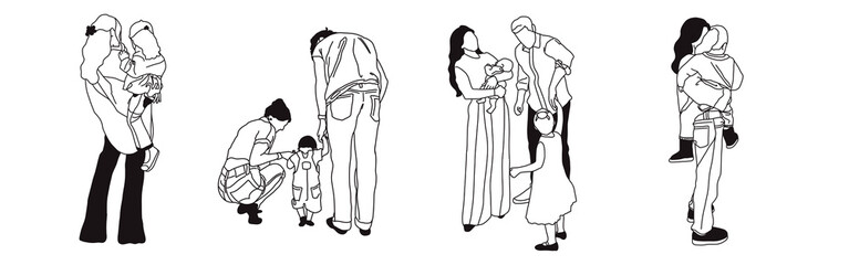 Hand-drawn doodle family icon set. Outline family clipart. Hand-drawn black art.