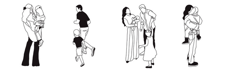 Hand-drawn doodle family icon set. Outline family clipart. Hand-drawn black art.