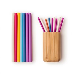 Fototapeta premium Colorful Silicone Straws with Bamboo Storage Case