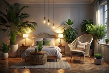 Serene Night Photography of a Tranquil White Bedroom with Wicker Accent Chair and Delicate Plant Touches for Relaxation and Calmness