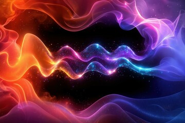 Digital Abstract Background with Glowing Neon Light Waves on a Black Backdrop, Perfect for a Wide Range of Applications Including Network Technologies, Artificial Intelligence, Data Processing, Graphi