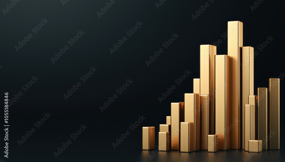 Poster a sleek arrangement of golden bars creates a dynamic histogram effect against a dark background, sym