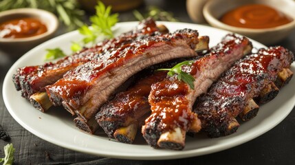 Close Up of Delicious BBQ Ribs on a White Plate