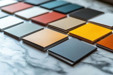 Close-up of product catalogs, color themes, and logo sheets laid on a marble table