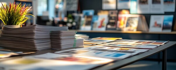 Conference room with printed product catalogs and brand strategy sheets, neatly organized on table