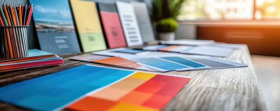 Branding color palettes, brochures, and strategy documents arranged on wood-finish conference table