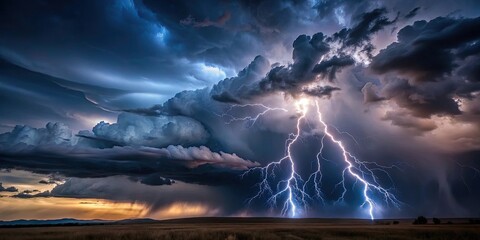 Dark and dramatic thunderstorm with lightning strikes and ominous storm clouds , storm, lightning, thunder, weather