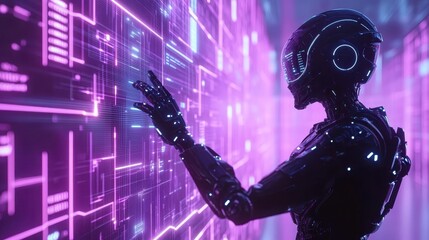 Obraz premium Digital Guardian Robot Protecting Data Streams with Holographic Cybersecurity Visuals