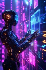 Obraz premium Digital Guardian Robot Protecting Data Streams with Holographic Cybersecurity Visuals