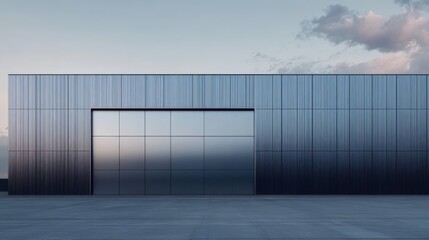 Obraz premium Modern Architectural Entrance: A sleek, minimalist design features a large, open doorway framed by a striking facade of vertical metal panels, hinting at an intriguing space beyond.