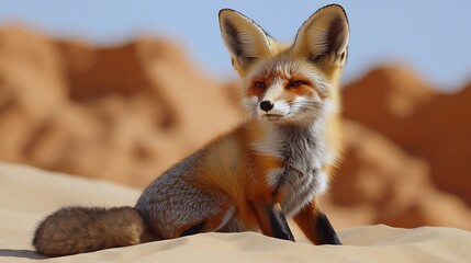 A red fox with a white chest and a bushy tail sits in the sand dunes of a desert, looking directly at the camera.