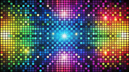 Random sized dot shapes in bright and dark colors inspired by disco theme, vibrant, colorful, abstract, geometric, pattern, festive