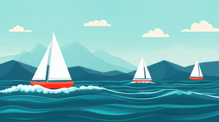 Naklejka premium Ocean Sailing Adventure, vibrant flat design illustration showcasing various boats gliding over dynamic waves under a bright sky, capturing the essence of maritime exploration.