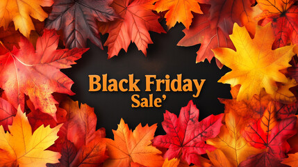 Black Friday sale text surrounded by vibrant autumn leaves on dark background