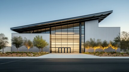 Fototapeta premium Modern Architectural Masterpiece: Sleek lines and expansive glass define this contemporary building, bathed in the soft glow of twilight. The design blends seamlessly with the surrounding landscape.