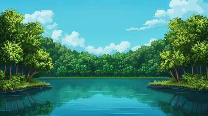 Serene Pixel Art Lake, tranquil waters reflecting vibrant greenery and a bright blue sky, 8-bit style creates a peaceful panorama with ample text space and detailed depth.