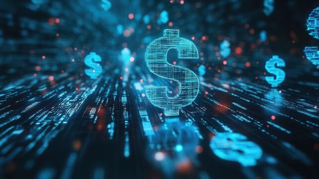 Dollar signs floating in a futuristic digital environment, symbolizing abundance mentality