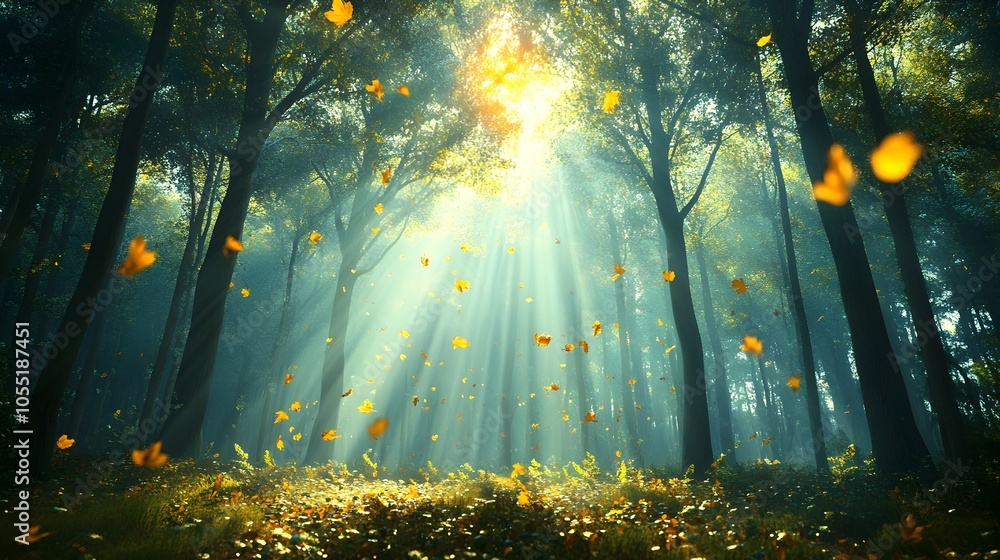 Poster majestic 3d rendered forest scene with sunlight filtering through tall detailed trees and floating l