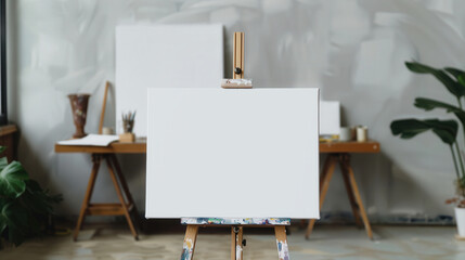 Blank canvas on an easel in a vibrant artist's studio, inviting creativity and inspiration, a space ready for artistic expression and imagination to unfold