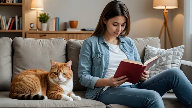  persona che legge un libro sul divano accanto un gatto